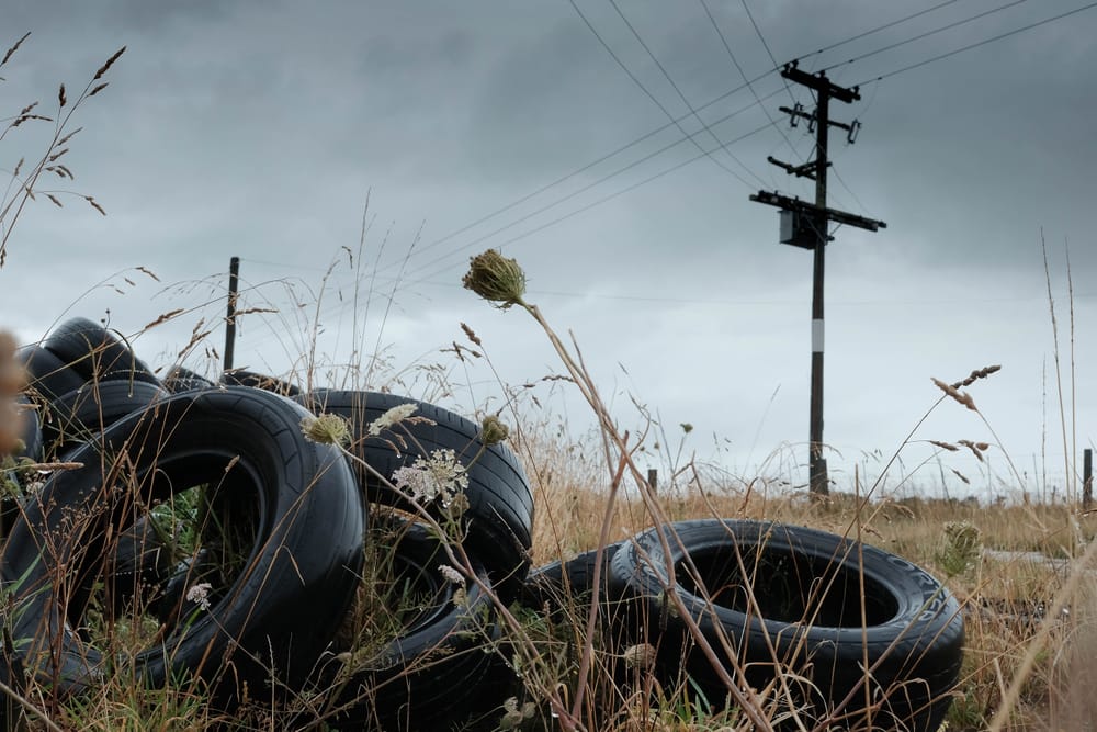 Discarded tyres in a grassy field post image