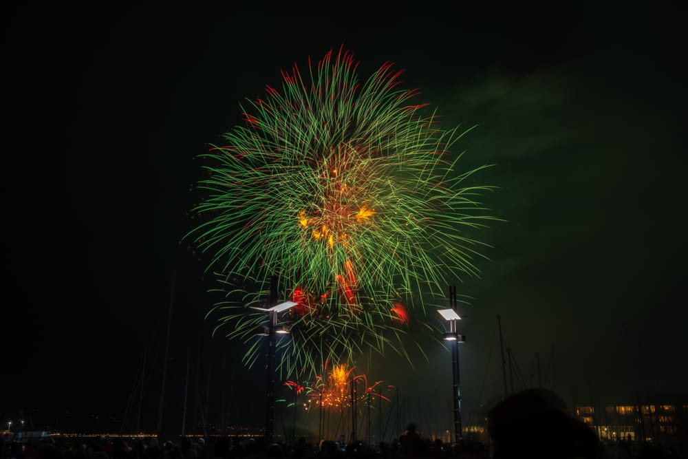 Green and orange fireworks over harbour post image
