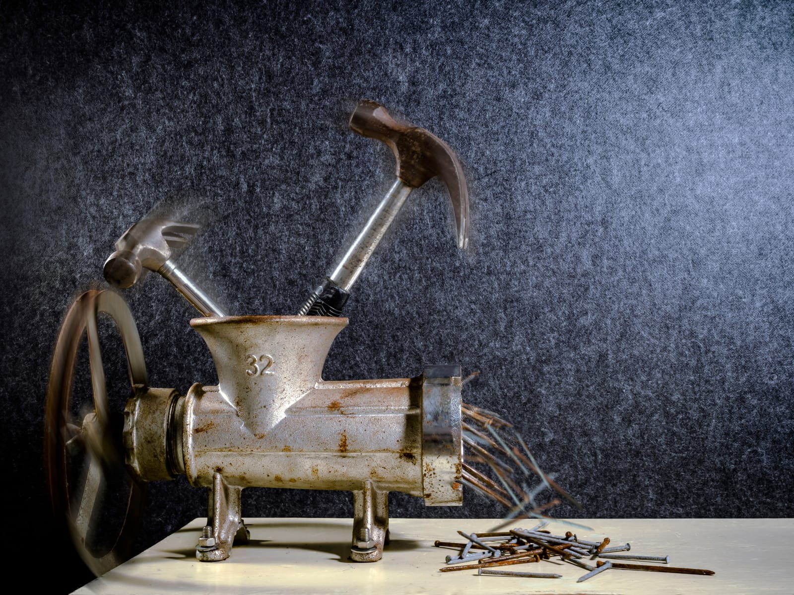 Grinder hammers nails creative concept